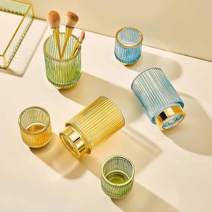 Makeup Brush Holder Organizer,Toothbrush Holders,Desk Pen Pencil Holder,Multifunctional Vintage Glass Brush Cup（S+L/Green/A3-1-US）