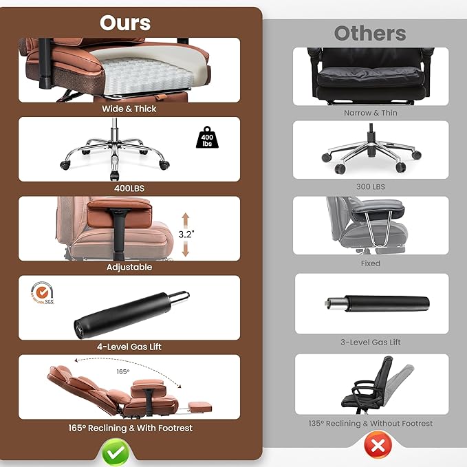 Big and Tall Office Chair - 400 LBS Capacity Executive Chair with High Back & Footrest, Ergonomic Office Chair for Heavy People, Wide Padded Seat Computer Gaming Chair, Brown