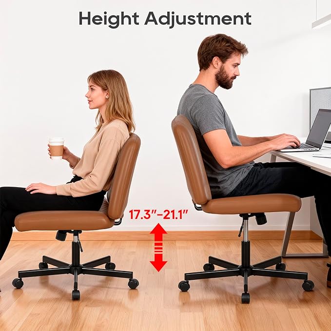 PayLessHere Criss Cross Chair Wide, Armless Office Desk Chair,Backrest Vanity Chair with Wheels 360 Swivel, Height Adjustable for Home Office, Home Office Brown