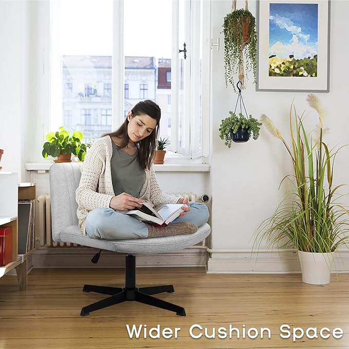 PUKAMI Criss Cross Chair,Comfy Cross Legged Office Desk Chair No Wheels,Modern Fabric Swivel Adjustable Height Mid Back Wide Seat for Home Office Computer (Grey)