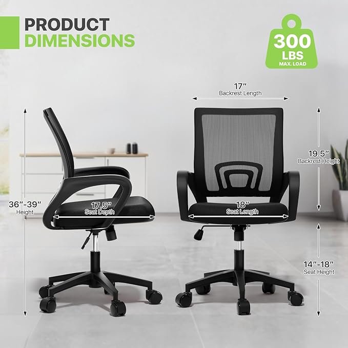 Magshion Ergonomic Office Chair 20 Pack, Mid-Back Mesh Desk Chair, Adjustable Swivel Computer Chair with Lumbar Support & Breathable Backrest for Gaming, Work, Study, 300 Lbs Capacity, Black