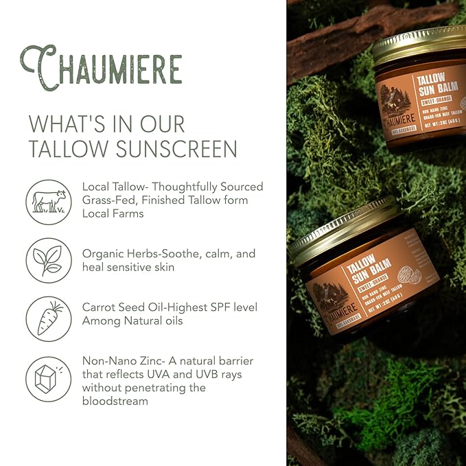 Sweet Orange Tallow Sunscreen SPF 50 – Grass-Fed Beef Tallow Balm with Carrot Seed Oil & Non-Nano Zinc – Organic Face & Body Moisturizer, Reef Safe, Naturally Scented – 2.5oz, Made in USA