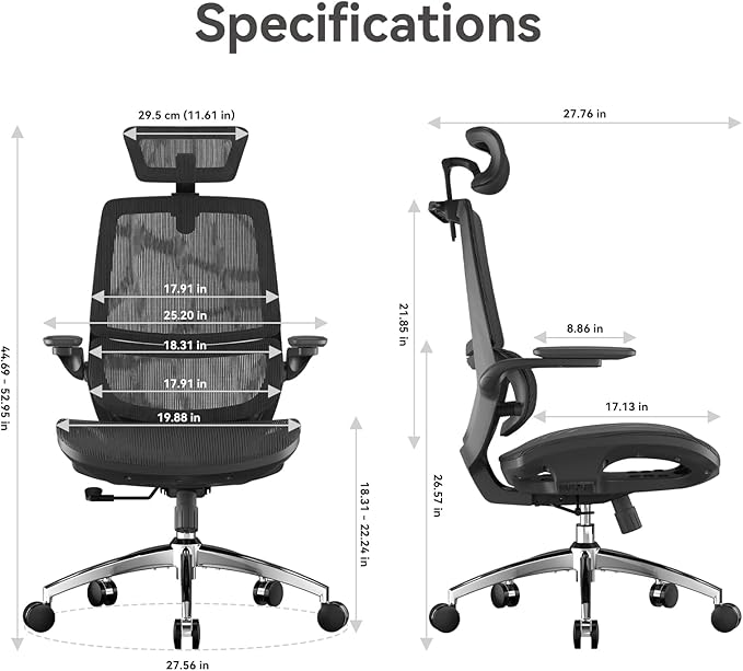 SIHOO M59AS Ergonomic Office Chair, Desk Chair with 3D Flip-up Armrests, Computer Chair with Dual Back Design and Adaptive Dynamic Lumbar Support Black