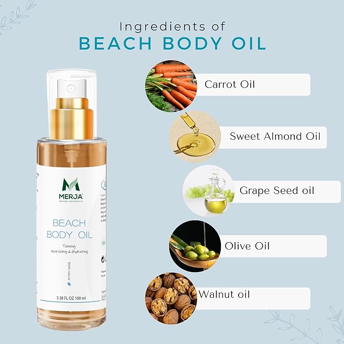 Merja Herbs Beach Body Tan Oil - For Uniform Tanning & Hydration - Hydrates & Nourishes Skin - Cold Pressed Oil - 100% Natural & Premium Quality 100ml 3.38Oz