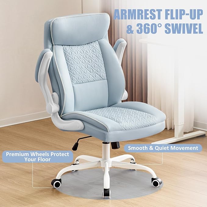 Executive Office Chair with High Back, Computer Desk Chair with Lumbar Support,Comfortable Leather Home Office Chairs 400lbs with Padded Flip-up Armrests, Adjustable Height,Tilting, LightBlue
