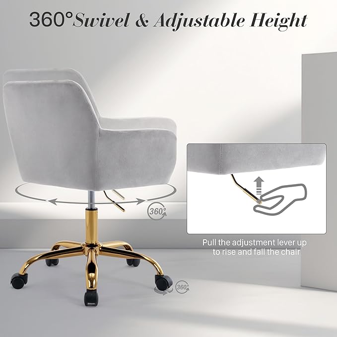 Faux Fur 360°Swivel Desk Chair, Modern Height Adjustable Home Office Armchair with Golden Base for Teens Women Girls, Upholstery Computer Chair for Home Studios, Velvet & Light Grey