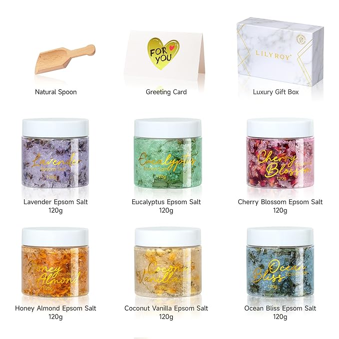 Mothers Day Gifts for Women - 9-Piece Floral Epsom Salt Gift Set for Women with 6 x 120g Epsom Salt, Bath and Body Gift Set in Elegant Box | Christmas, Valentines Day, Birthday Gifts for Men