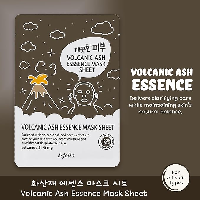 esfolio Volcanic Ash Face Mask – Deep Cleansing Korean Sheet Mask for Pore Care, Oil Control, Acne-Prone & Oily Skin – Hydrating & Purifying Skincare for Clear, Radiant Complexion (Pack of 10)