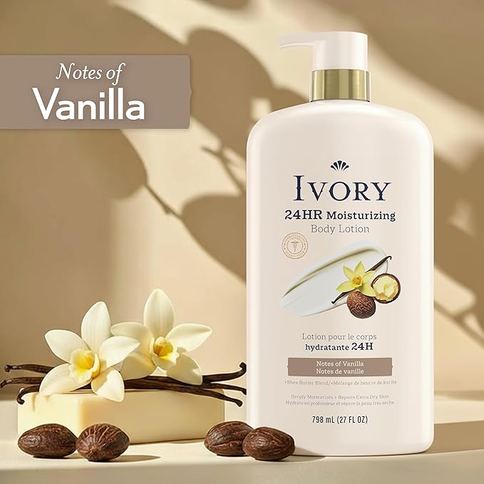 Ivory Hand & Body Lotion, 24hr Moisturizing, Repairs Extra Dry Skin, All Day Hydration, Lightweight Formula, Absorbs Instantly, Perfect for Daily Use, Shea Butter Blend, Vanilla Scent, 27 fl oz
