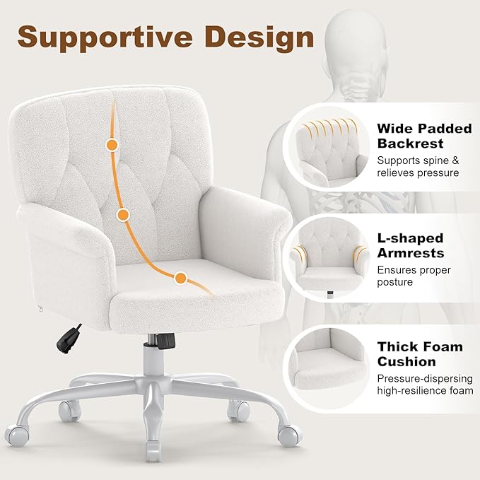 Comfy Home Office Desk Chair, Upholstered Fuzzy Vanity Chair with Wheels and Arms, Modern Adjustable Swivel Computer Seat for Make Up, Home Office, Living Room, Bedroom, Teddy Fleece, White