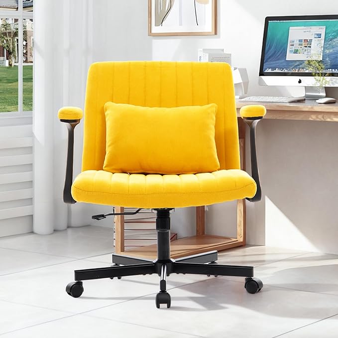 Ergonomic Cross Legged Chair with Wheels,360° Swivel Meditation Chair,ADHD Chair, Criss Cross Desk Chair with Lumbar Support and Adjustable Stool, (Wide seat Cushion, Yellow)