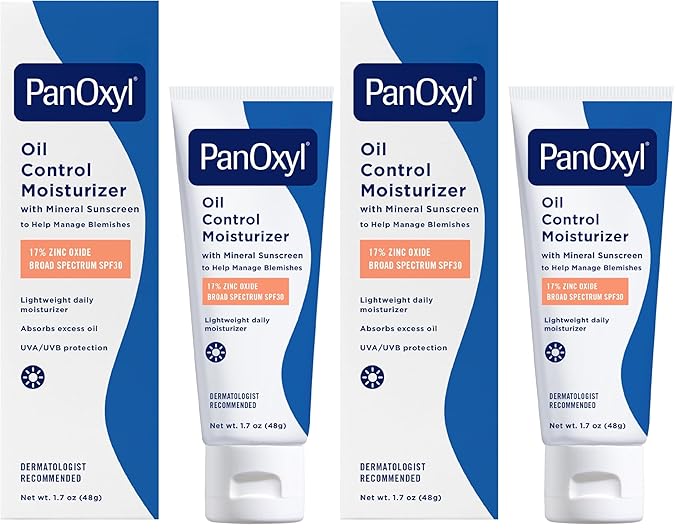 PanOxyl AM Oil Control Moisturizer, NEW Sheer Formula, Absorbs Excess Oil and Reduces Shine, with Mineral Sunscreen for Acne Prone and Oily And All Skin Tones - 1.7 oz (Pack of 2)