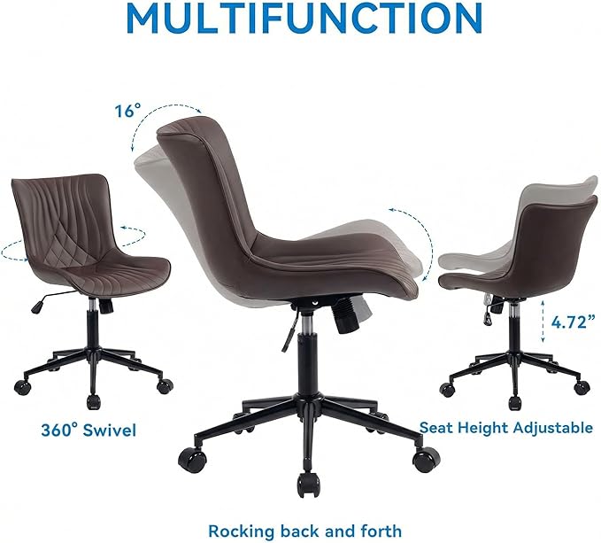 YOUNIKE Office Chair Brown, Armless Desk Chair with Wheels, Home Office Task Chairs, Modern Faux Leather Upholstered Adjustable Swivel Rocking Chair with Back