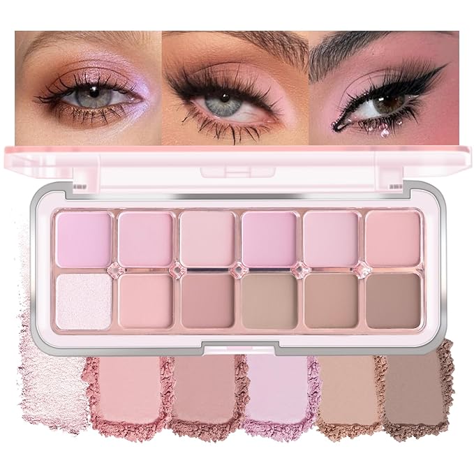 KYDA 12 Colors Lavender Eyeshadow Palette with Brush, High Pigment Matte Shimmer Pink Purple Brown Eye Shadow, All-In-One Eyes Palette for Women, Soft Blendable Powder Eyeshadow, Korean Eyes Makeup
