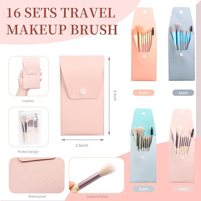 16 Sets Travel Makeup Brush Set Synthetic Fiber Face Foundation Make up Brushes Bridesmaid Gift with Travel Makeup Bag for Wedding Bridal Shower Favors Bachelorette Party Gift (Multicolor)