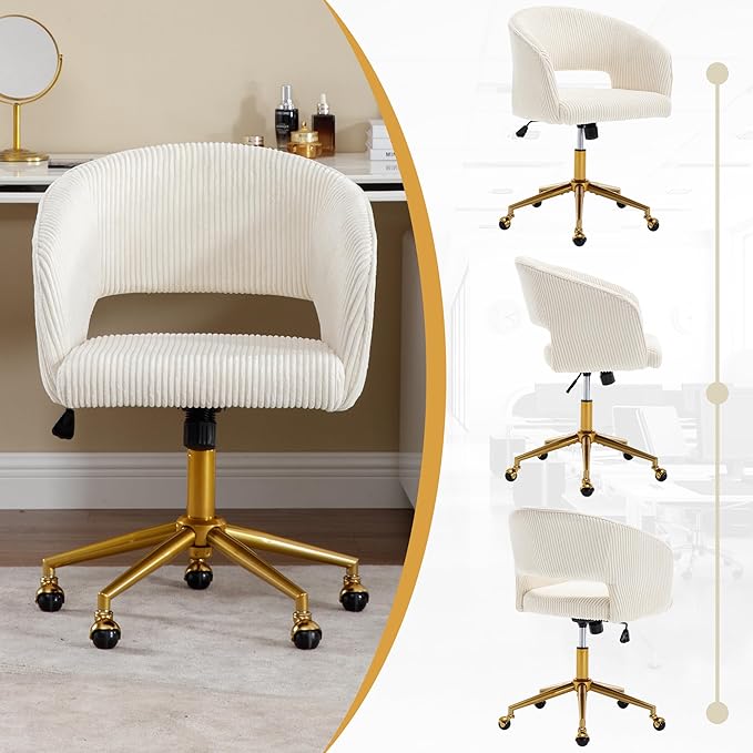 Westice Home Office Desk Chairs, Modern Corduroy Rolling Chair, Height Adjustable Swivel Vanity Chair with Golden Base, Ergonomic Chair for Vanity Study, Living Room Computer Room, Beige