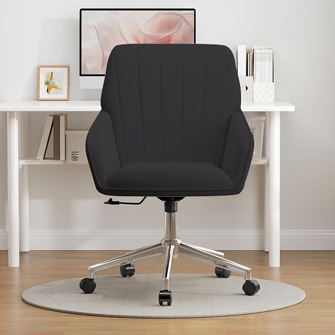 YISHENG Velvet Office Desk Chair with Silver Base, with Wheels,Modern Height Adjustable 360 Degree Swivel Upholstered Vanity Chairs with Arms for Living Room Bedroom,Black