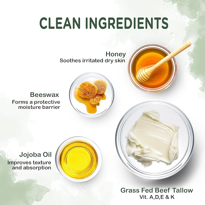 Whipped Beef Tallow Skin Moisturizer - Unscented Grass Fed Organic Beef Tallow Face Cream - Honey Balm & Jojoba Oil - 4 oz