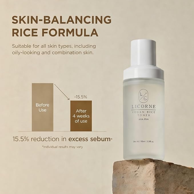 LICORNE Vegan Rice Face Toner - Hydrating & Clarifying Water Essence with AHA, PHA, Gentle Texture Refining Daily Facial Toner for Luminous Glow, 3.38 Fl Oz