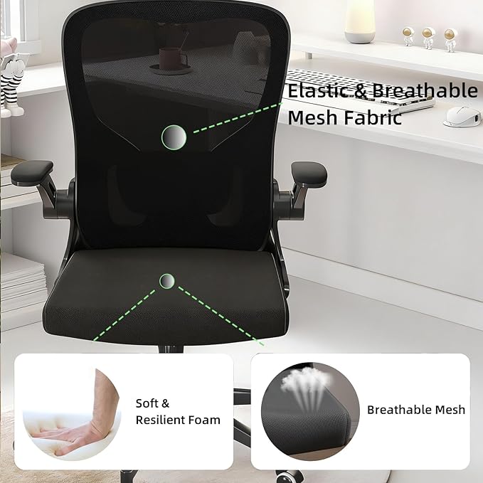 Ergonomic Office Chair, High-Back Mesh Computer Desk Chair with Adjustable Height, Lumbar Support, Flip-Up Armrests,headrest，and Swivel Rolling Design for Home and Office Use