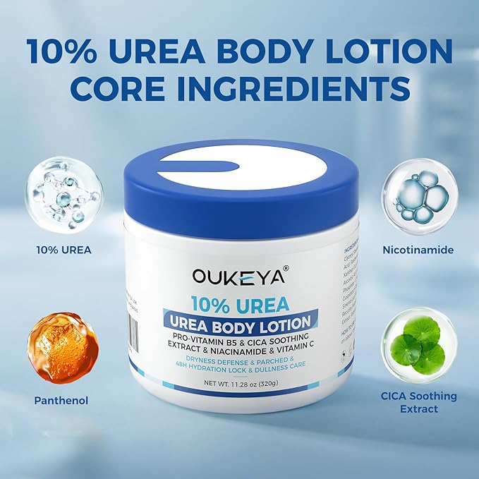 OUKEYA Urea Cream for Dry Chapped Skin with 10% Urea Deep Moisturizer Body Lotion, Softens & Soothes Hands Elbows Feet Hydrates Locks in Moisture, Fast Absorbing & Non-Greasy, 11.28 oz Large Capacity