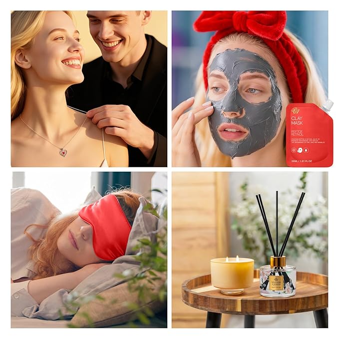 35 Pcs Valentines Day Gift for Women, Red Rose Bath and Body Basket Gift, Face Skin Care Kit, Home Spa Self Care, Lip Gloss, Diffuser, Necklace, Birthday, Christmas, Mother, Bridal Shower, Anniversary
