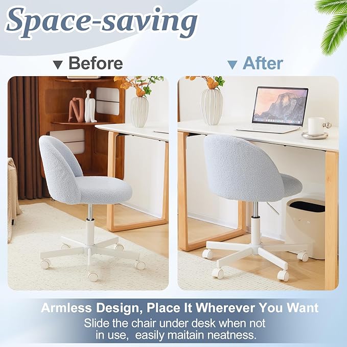 VINGLI Candy Chair Armless Cute Desk Chair,Comfy Small Office Chair with Wheels,Vanity Chair with Lumbar Support,Teddy Adjustable Rolling Swivel Computer Task Chair for Home Office,Bedroom,Poetic Blue