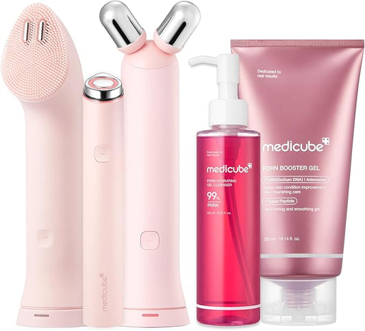 medicube Cleanse, Contour & Clear Set: Mini Booster Pro Plus Full Set Pink, PDRN Jelly to Foam Cleanser and PDRN Booster Gel | Cleanse, Boost & Clear Pores for Radiant, Smooth Skin | Korean Device