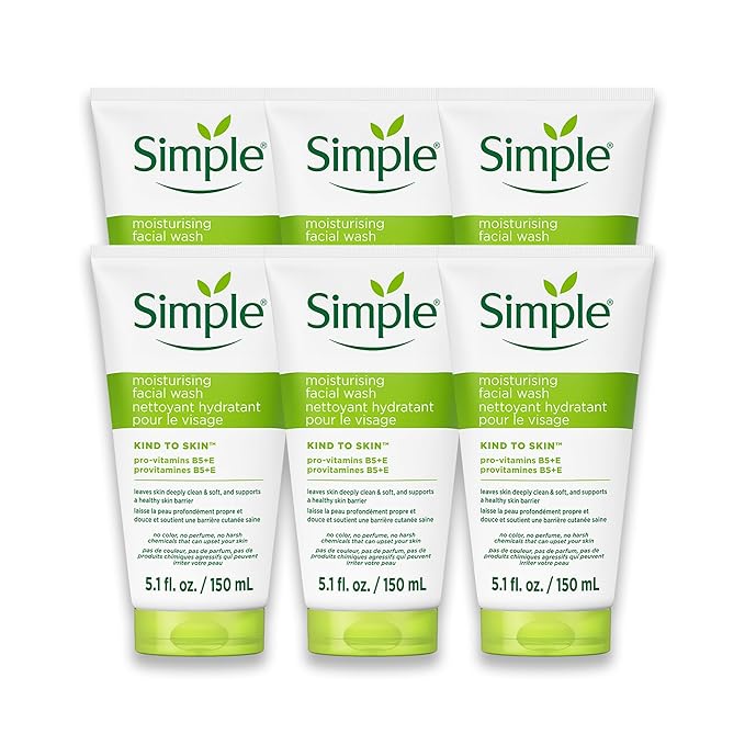 Simple Kind To Skin Moisturizing Face Wash - Facial Cleanser with Vitamin B5 and E - Removes Oil, Dirt, and Other Impurities - Sulfate Free - 6 pc
