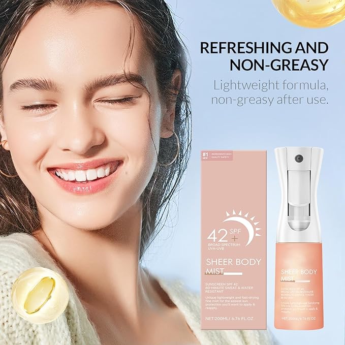 Sunglaze Sheer Body Mist Sunscreen SPF 42, Infused with Shimmering Body Oil, Hydrating Mist, Hydrates, Gives Skin a Glowy Finish, Lightweight, Gives Skin A Glowy Finish-6.76 Fl Oz