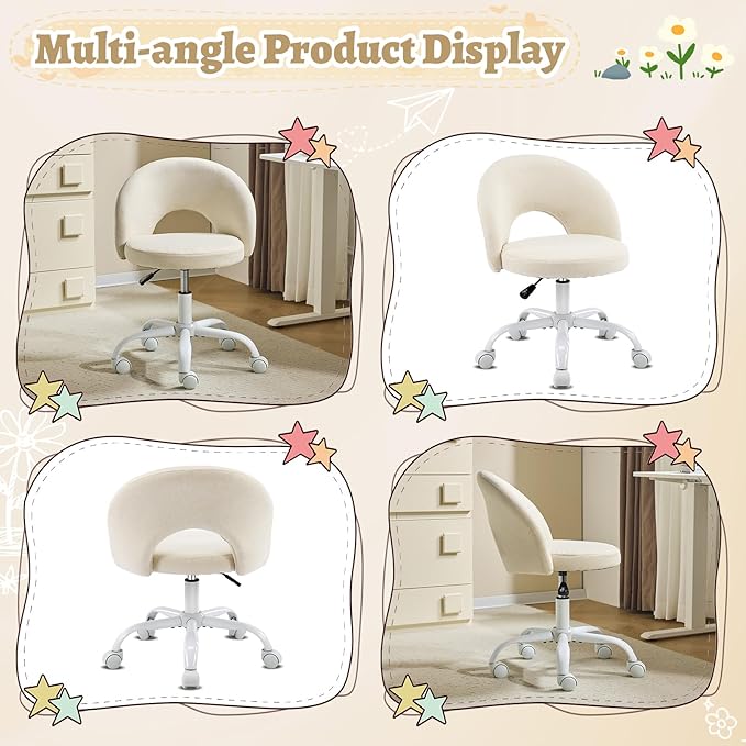 VINGLI Small Vanity Chair with Wheels for Girls.Cute Modern Adjustable Height Armless Office Desk Chair.360°Swivel Comfy Rolling Chair for Study, Make up Room,Small Space,Linen Light Yellow