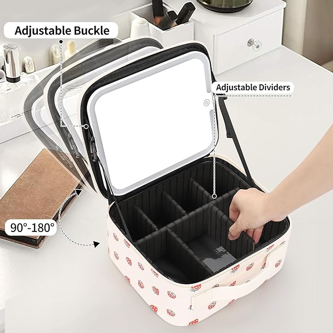 Relavel Travel Makeup Bag with LED Mirror, Portable Cosmetic Train Case with 3 Color Lighted Brightness Mirror, Makeup Artist Organizer Storage with Adjustable Dividers Make Up Box - White Strawberry