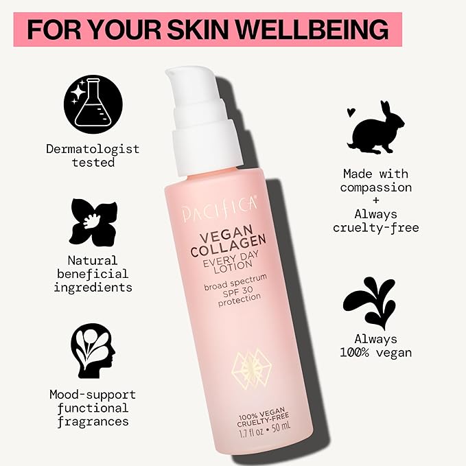 Pacifica Beauty Vegan Collagen SPF 30 Broad Spectrum Sunscreen Every Day Face Lotion,UVA/UVB Protection for All Skin Types,Lightweight,Moisturizing & Hydrating,Cruelty Free,White,1.7 Fl Oz,(Pack of 2)
