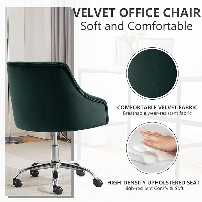 MOJAY Velvet Office Swivel Chair, Vanity Fabric Desk Pretty Fancy Gold Office Chairs for Girls, 360°Swivel Height Adjustable Reception Chair (DarkGreen)
