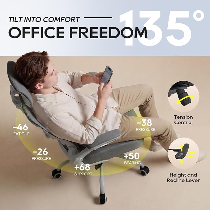 Ergonomic Office Chair, High Back Mesh Desk Chair with Adjustable Lumbar Support & Headrest, Flip-up Armrest, Computer Task Chairs for Home and Executive Office (G-Grey)