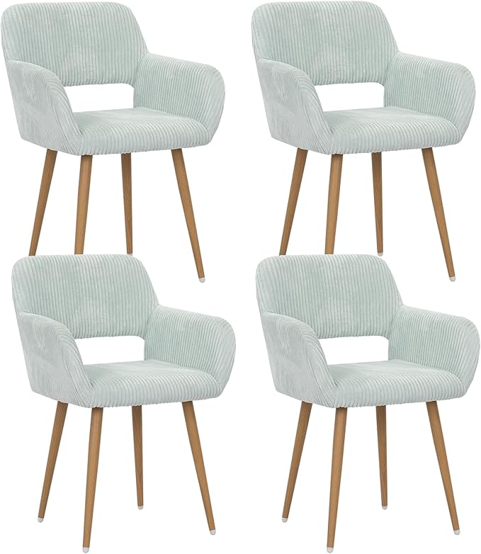 KCC Small Modern Dining Room Arm Chairs Set of 4, Mid-Century Upholstered Corduroy Fabric Side Seat Club Guest with Metal Tube Legs for Kitchen, Living Room, Blue