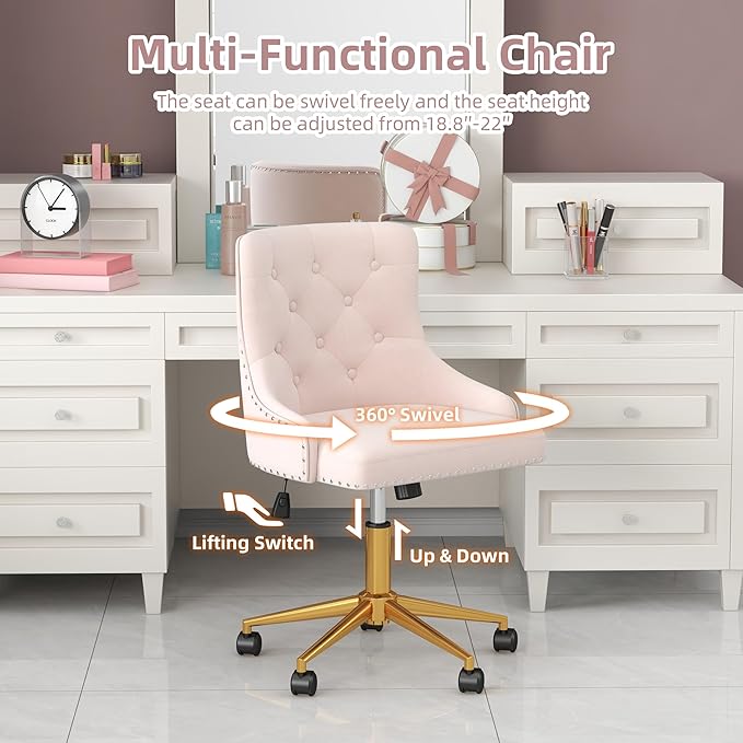 Westice Velvet Desk Chairs, Upholstered Swivel Comfy Makeup Vanity Chair with Tufted Back, Gold Metal Base & Wheels, Height Adjustable Chair for Girls, Bedroom Living Room, Light Pink