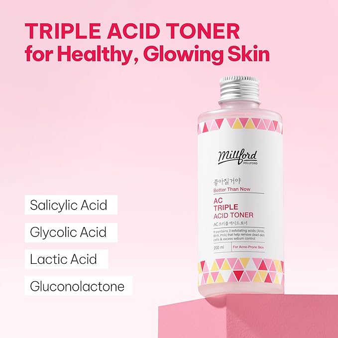 AC Triple Acid Toner 6.76 Oz, 200ml, AHA/BHA/PHA Exfoliating Daily Face Toner, Salicylic Acid, Oily Skin