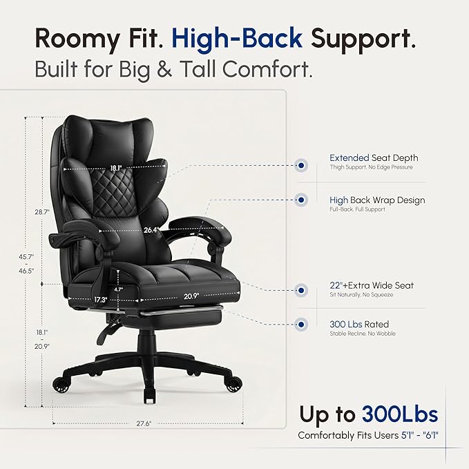 Dowinx Big and Tall Office Chair with Pocket Spring Cushion,High Back Computer Gaming Chairs with Linkage Armrests,Executive Desk Chairs with Footrest,PU Leather-Black
