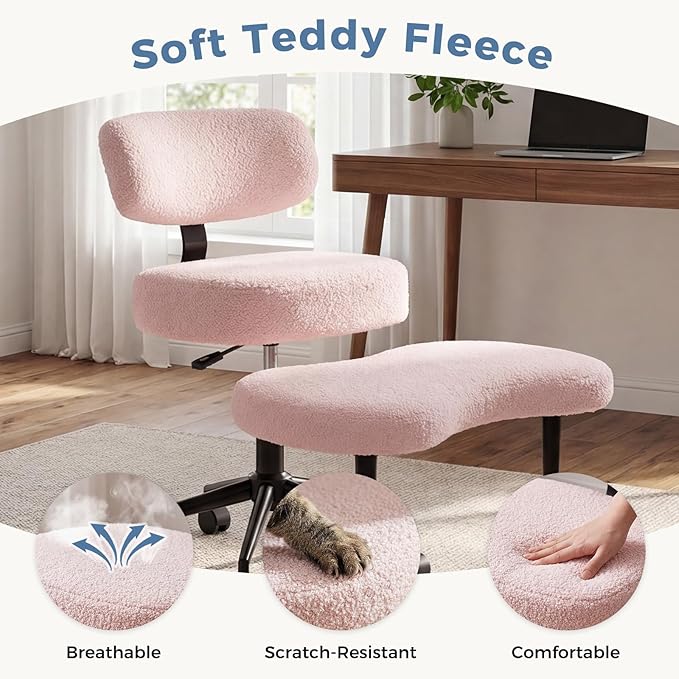 DUMOS Ergonomic ADHD Cross Legged Office Desk Chair with Adjustable Backrest, Height Adjustable Meditation Chair with 360° Swivel Footstool, Teddy Fabric Yoga Stool for Home Office, Pink
