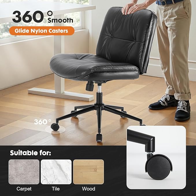 Sweetcrispy Criss Cross Chair with Wheels, Wide Seat PU Leather Armless Office Desk Vanity Chair, Comfortable Adjustable Swivel Computer Task Chairs for Bedroom, Small Space Make Up, Black