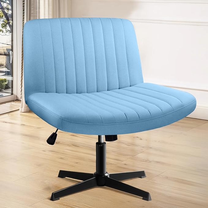 Criss Cross Chair, Armless Cross Legged Office Vanity Chair, Comfortable Fabric Wide Swivel Criss Cross Desk Chair for Home Office, Height Adjustable Vanity Criss Cross Chair with Back, Blue