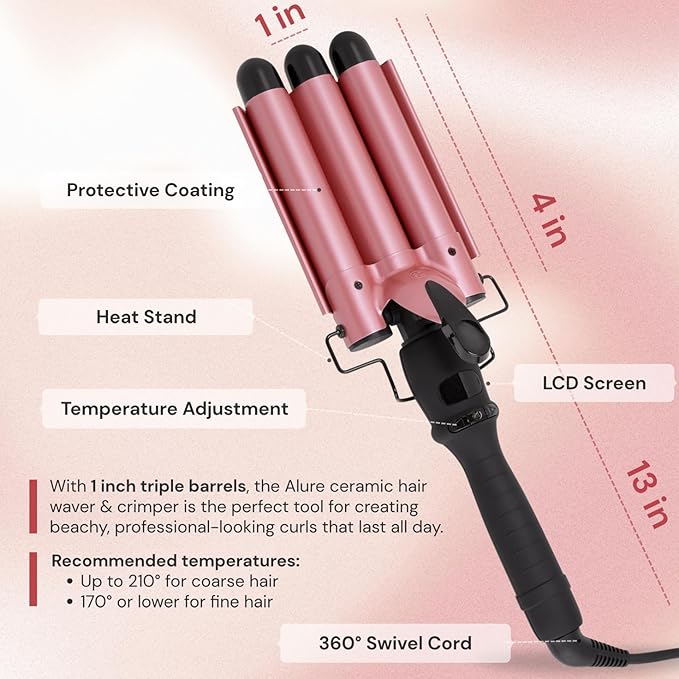Alure Three Barrel Curling Iron Wand with LCD Temperature Display - 1 Inch Ceramic Tourmaline Triple Barrels, Dual Voltage Crimping Tool, Best Hair Waver for Beachy/Frizz Free Waves (Rose Gold)