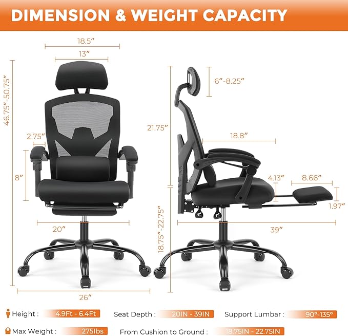 Sweetcrispy Office Computer Desk Chair Set of 2, Ergonomic High-Back Mesh Rolling Work Swivel Chairs with Wheels, Comfortable Lumbar Support, Comfy Arms for Home, Bedroom, Study, Student, Black