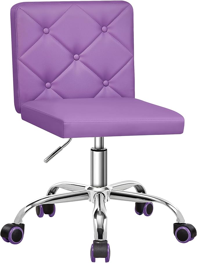 VECELO PU Leather Mid-Back Armless Vanity Chair Adjustable Height 360° Rolling Swivel for Home Office Work