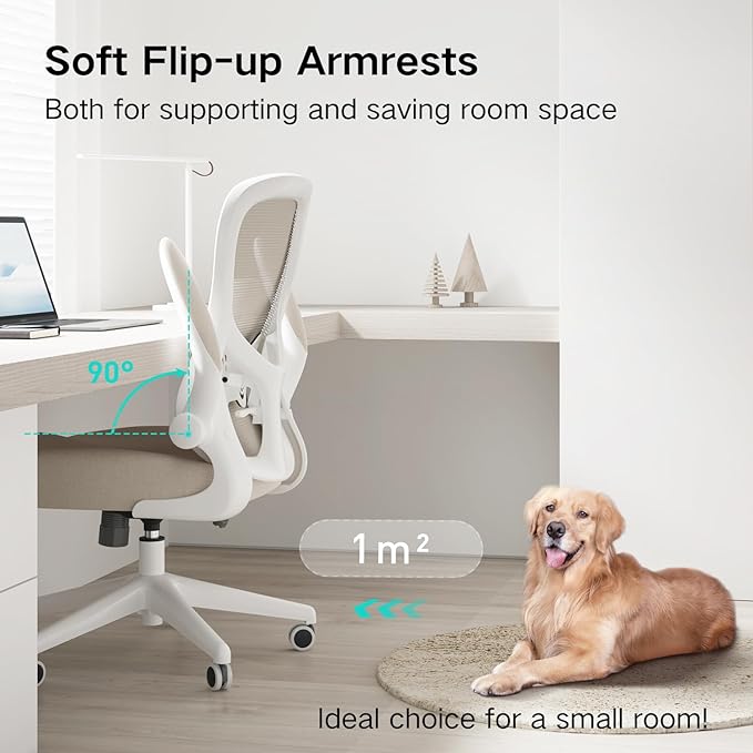 Hbada Office Chair Ergonomic Desk Chair, Office Desk Chairs with PU Silent Wheels, Breathable Mesh Computer Chair with Adjustable Lumbar Support, Flip-up Armrests, Tilt Function, Grey
