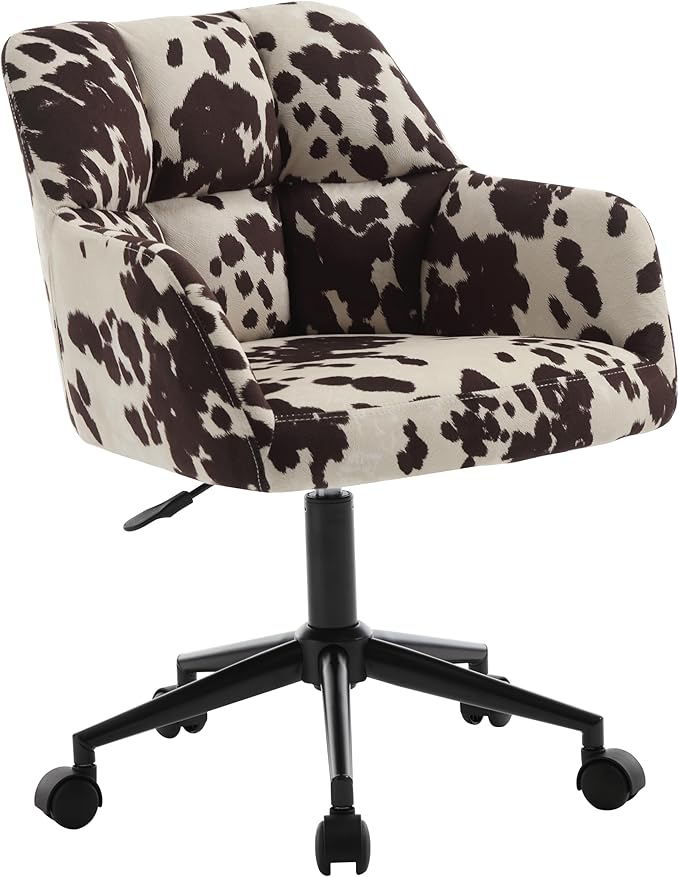 Cow Print Chair Modern Velvet Office Desk Chair with Armrest, Height Adjustable Wide Seat Computer Task Chair for Home Office, Mid Back Accent Chair, Cow