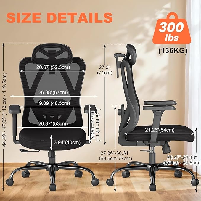 Office Chair Ergonomic Desk Chair,Adjustable Headrest Lumbar Support Computer Chair - Home Office Desk Chairs,300lbs Wide Seat Big and Tall Office Chairs with 3D Armrests, Comfy Desk Chairs (New)