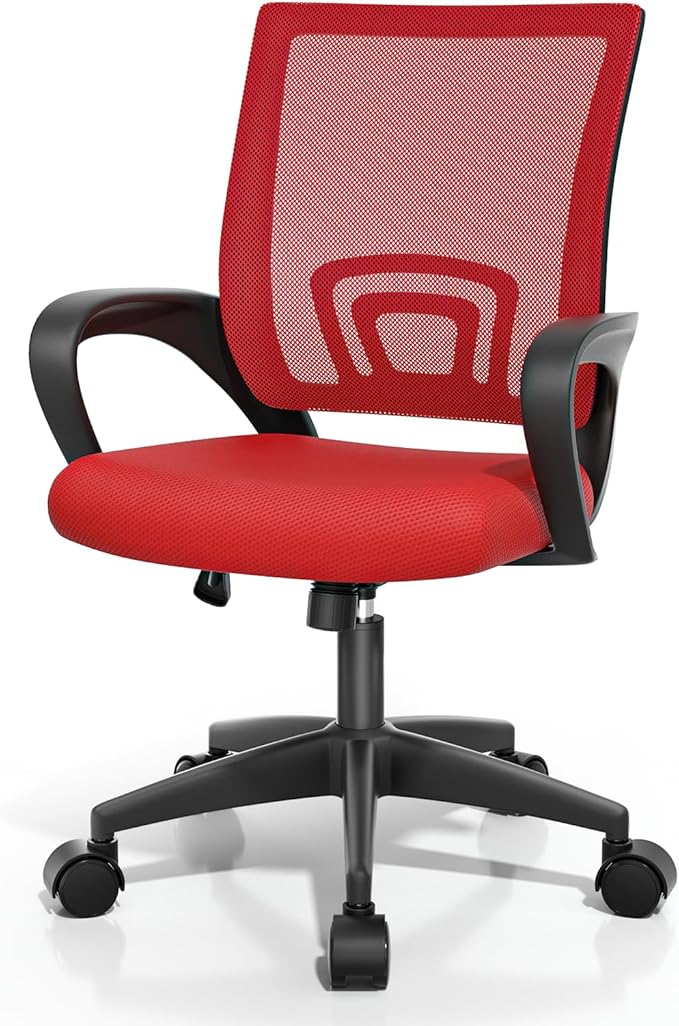 Magshion Ergonomic Office Desk Chair, Mid-Back Mesh Computer Chair, Swivel Chair with Breathable Backrest & Lumbar Support, Adjustable Height for Gaming, Work, Study, 300 Lbs Capacity, Red