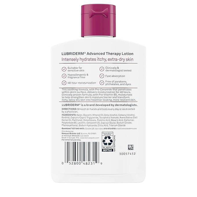 Lubriderm Advanced Therapy Fragrance-Free Moisturizing Hand & Body Lotion + Pro-Ceramide, Intense Hydration for Itchy, Extra Dry, & Sensitive Skin, Non-Greasy, Hypoallergenic, 6 fl. oz